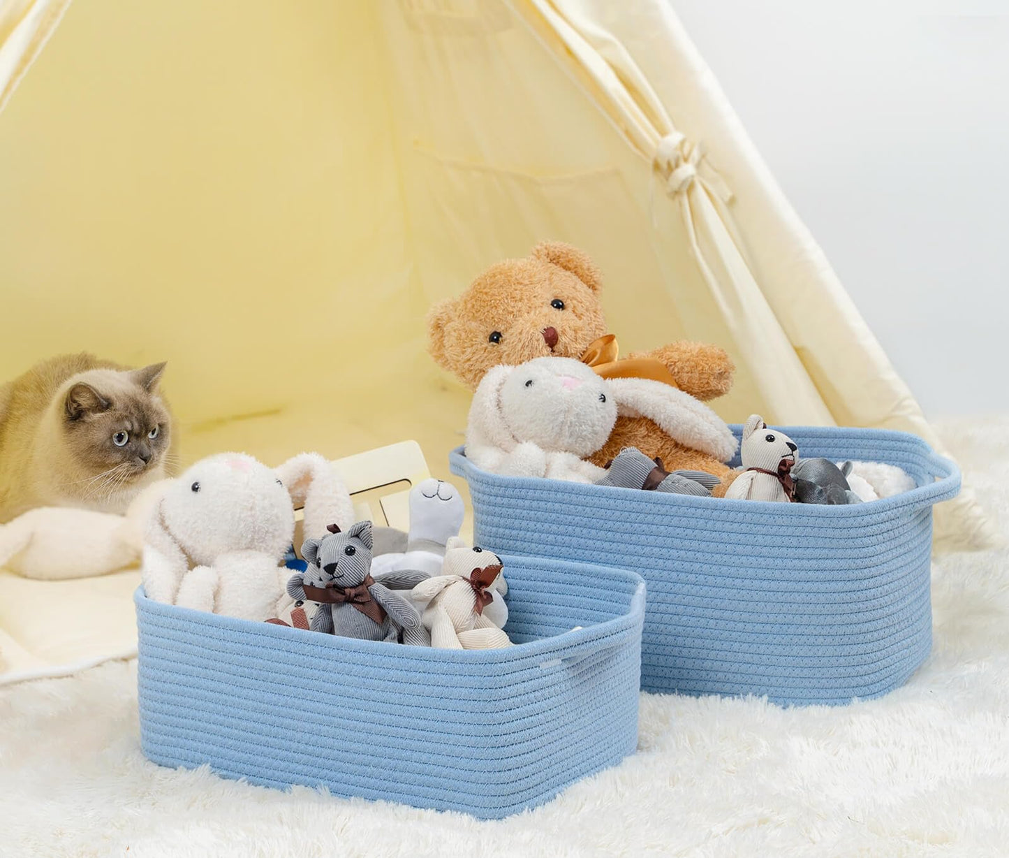 CubesLand Cute and Durable Small Cotton Rope Basket for Organizing, Woven Closet Storage Bin,Shelves Closet Storage Basket, Bathroom Storage Organizer Bin, Nursery Toy Basket Bin, Blue Basket