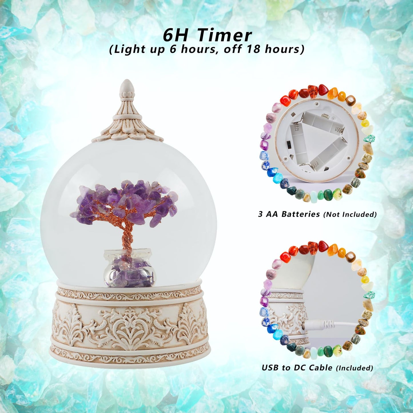Amethyst Healing Crystal Tree Globe with Colorful Lights and Sparkling Glitter, Natural Gemstone Base, Spiritual Meditation, Positive Energy Good Luck, Home Decor, Birthday Gifts (Amethyst)