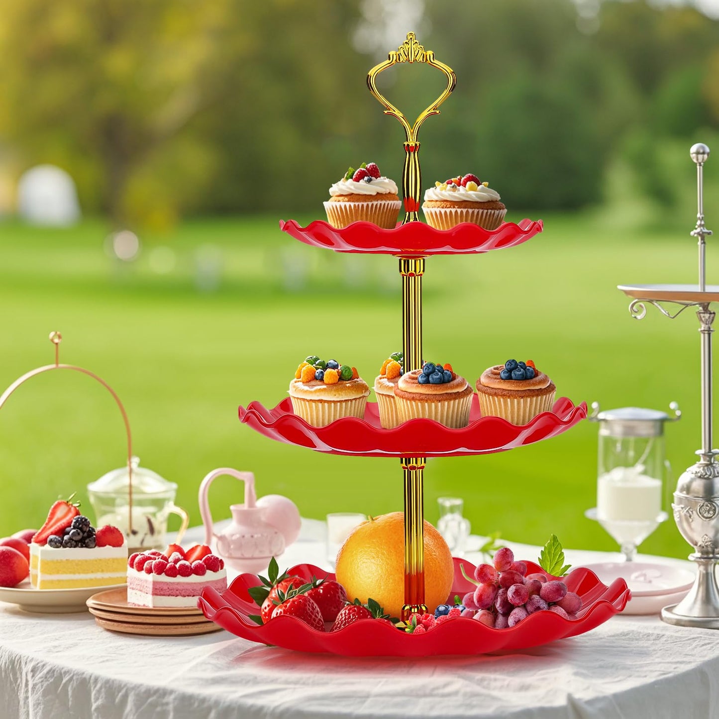 Soleebee 3-Tier Cupcake Stand, Wavy Plastic Tiered Serving Tray, Cup Cake Tower for Birthday Wedding Party Decoration, Cupcake Tier Stand Fruits Desserts Display 2 Pack (Red)