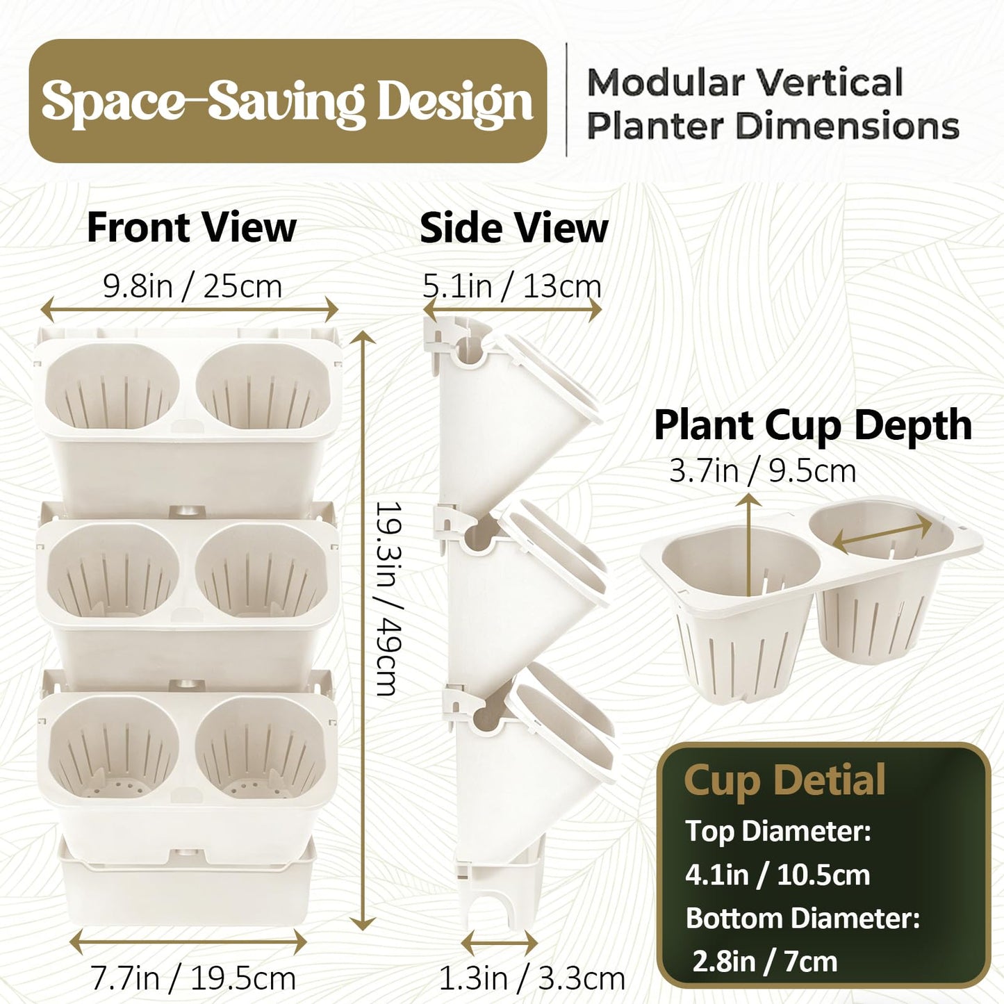 3-Tiers Vertical Wall-Mounted Planter with 6 Pots Vertical Garden Living Wall Planter Indoor Self-Watering Soil-Water Separation Stackable Plastic Planter for Herb Vegetable Flower Succulent (White)