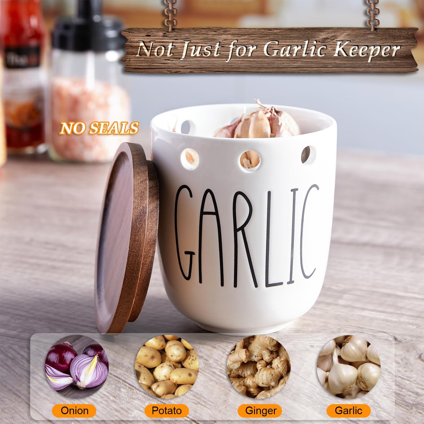 DAYYET Garlic Keeper for Counter, Ceramic Garlic Keeper with Non-Sealed Acacia Wood Lid, Garlic Holder Storage Container to Keep Your Garlic Cloves Fresh Longer, Garlic Saver for Kitchen, White