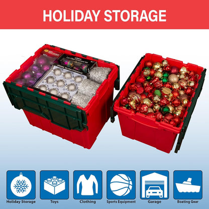 Akro-Mils KeepBox 12 Gallon Storage Container, Nesting and Stackable Plastic Storage Box with Lid Attached, Organizer Tote for Garages, Closets, and Moving, 21-1/2" x 15" x 12-1/2", Red/Green