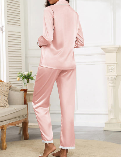 Ekouaer Satin Pajamas for Women Silk Long Sleeve Sleepwear Button Down Loungewear 2 Pieces Lace Soft Pjs Set