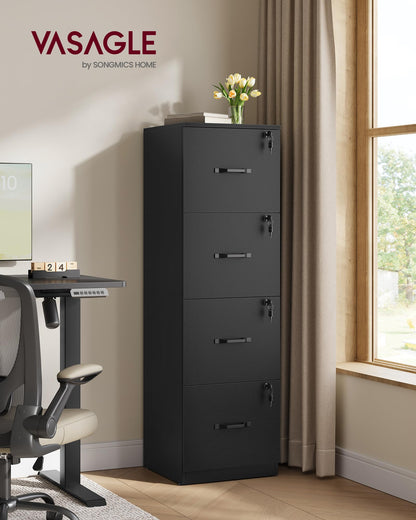 VASAGLE 4-Drawer Vertical File Cabinet, Filing Cabinet for Home Office, Printer Stand, with 4 Lockable Drawers, Adjustable Hanging Rail, for A4 and Letter-Size Files, Ink Black UOFC082B01