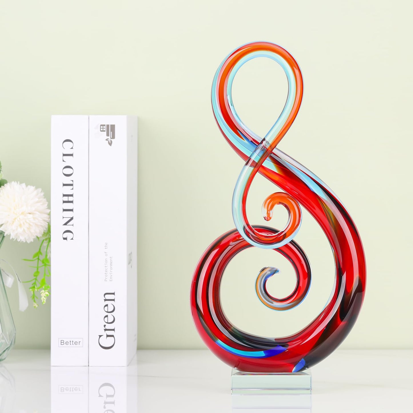 LCCCK 13" H Large Glass Sculpture Red Hand Blown Glass Figurines Art Music Decor, Modern Red Glasses Decor Crystals Statue Knick Knacks- for Luxury Home Living Room Office Console Table Decoration
