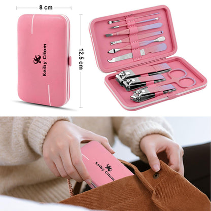 Manicure Set, Travel Mini Nail Clippers Kit Pedicure Care Tools, 10pcs Stainless Steel Grooming kit (Pink)