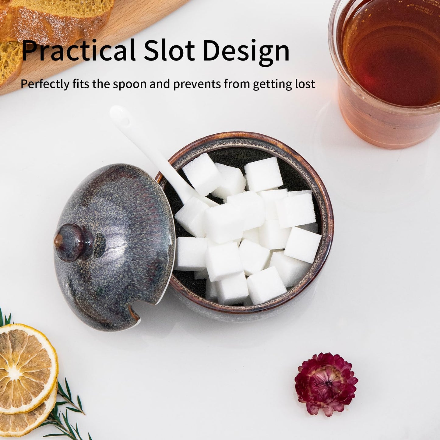 JoyfulHive Ceramic Sugar Bowl with Lid and Spoon, 14.5 OZ Sugar Container for Coffee Bar, Sugar Bowls for Countertop,Kitchen(Caramel Brown)