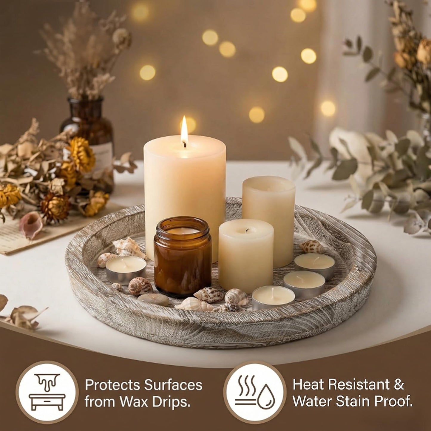 OKSON 3-Pack Round Wooden Candle Plate Holder Trays, Rustic Farmhouse Decorative Round Wood Tray for Coffee Table, Dining, Tealight & Pillar Candles, Party, Wedding, Halloween Home Decor(Whitewash)