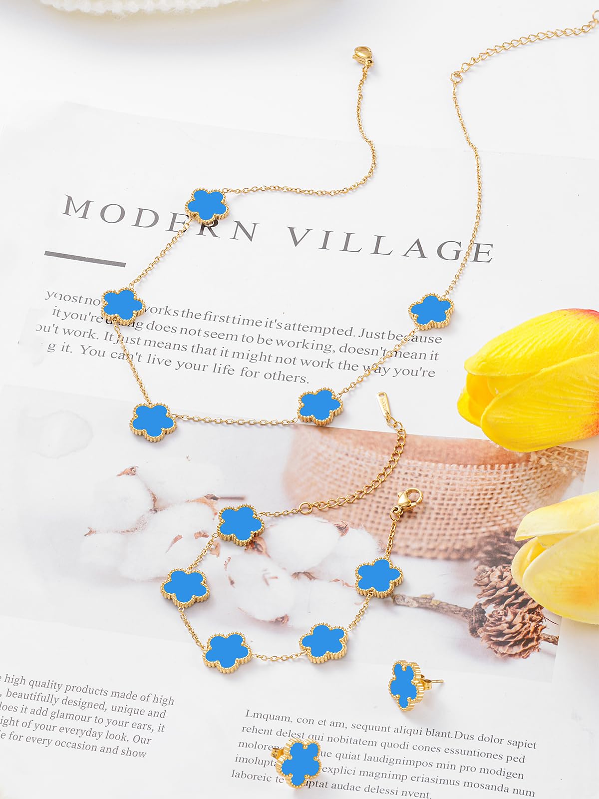 Qinpan Five Leaf Clover Necklace Bracelet and Stud Earrings Set for Women Lucky Flower Jewelry (Blue-14K Gold Plated)