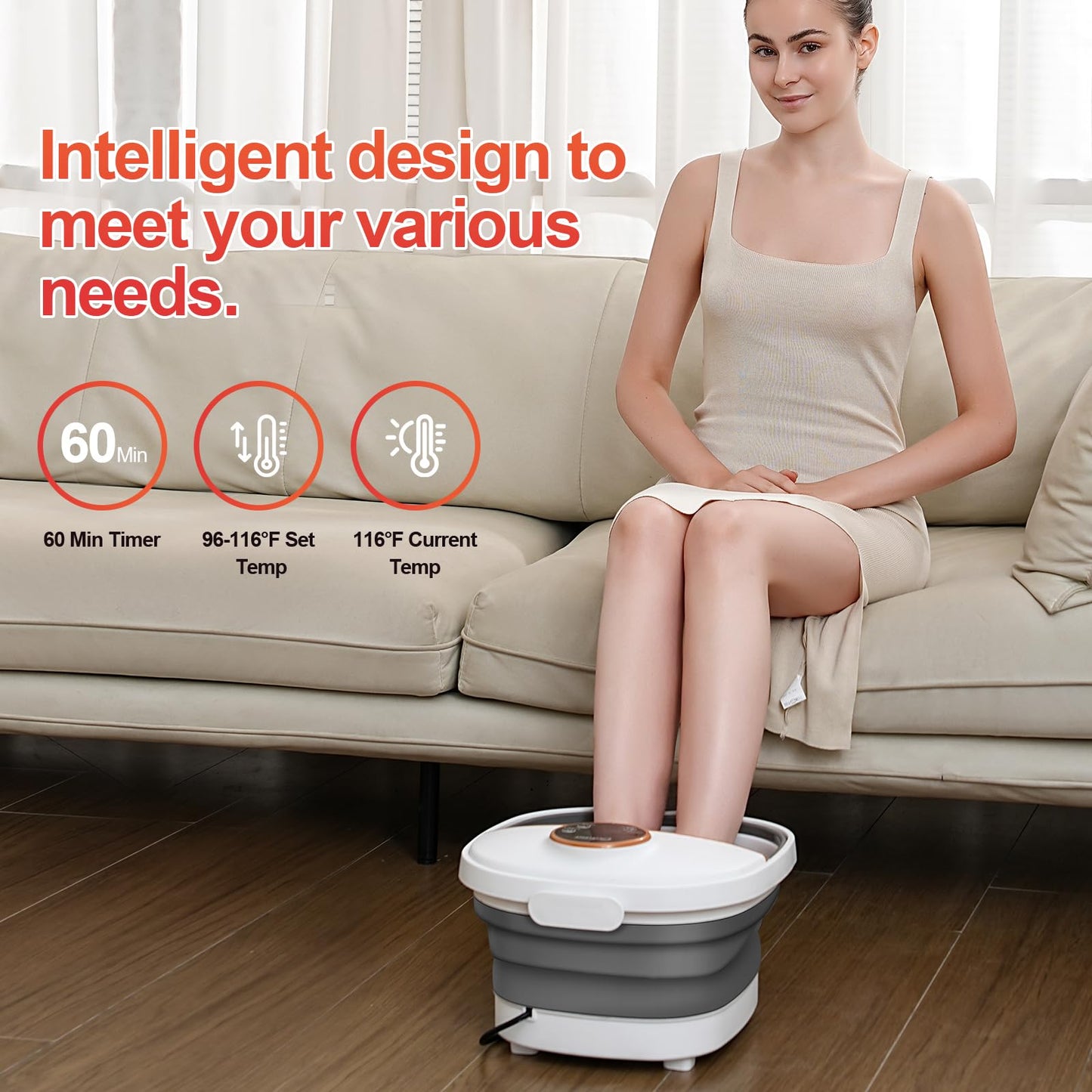 GEHONA Collapsible Foot Spa Bath with Heat,Foot Massager with Two Side Supports,Leakage Protector,Temperature Control,Bubbles,Red Light,Timer, Feet Spa Tub,Feet Soaker,Gifts (White)