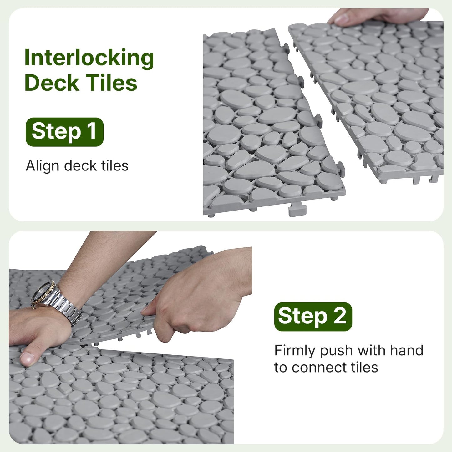 Rovibek 60PCS Plastic Interlocking Deck Tiles, 12"x12" Pebble Deck Tiles, Patio Flooring Outdoor Waterproof, Non-Slip, Indoor & Outdoor Use for Balcony Balcony Bathroom Backyard, Gray