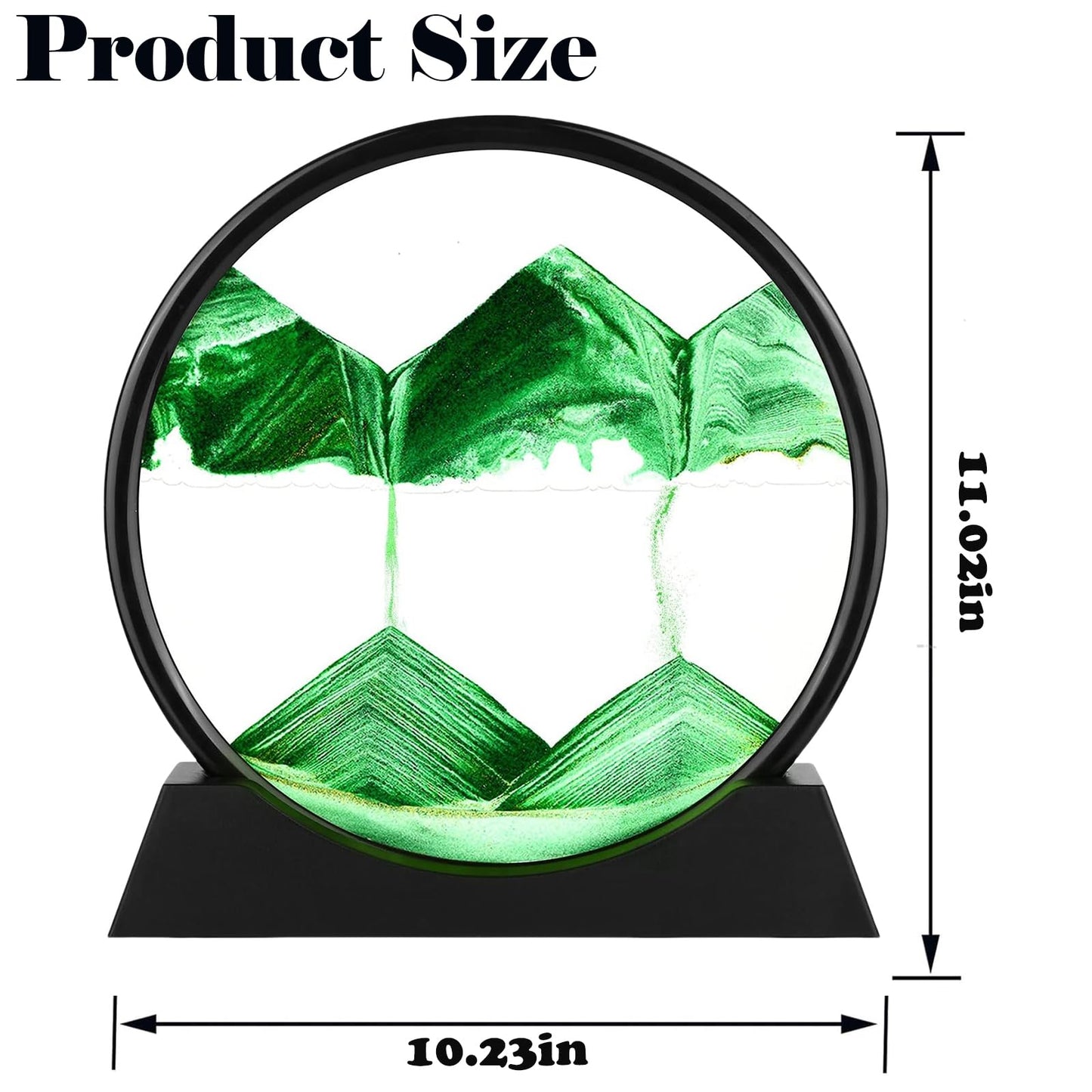 GEKETY 3D Quicksand Painting Decor - Moving Sand Art Picture - Round Glass Deep Sea Sandscape - Relaxing Home Decoration Desk Figurine for Office, Home, Desk, Mantle, Bookshelf - Light Green, 12 in