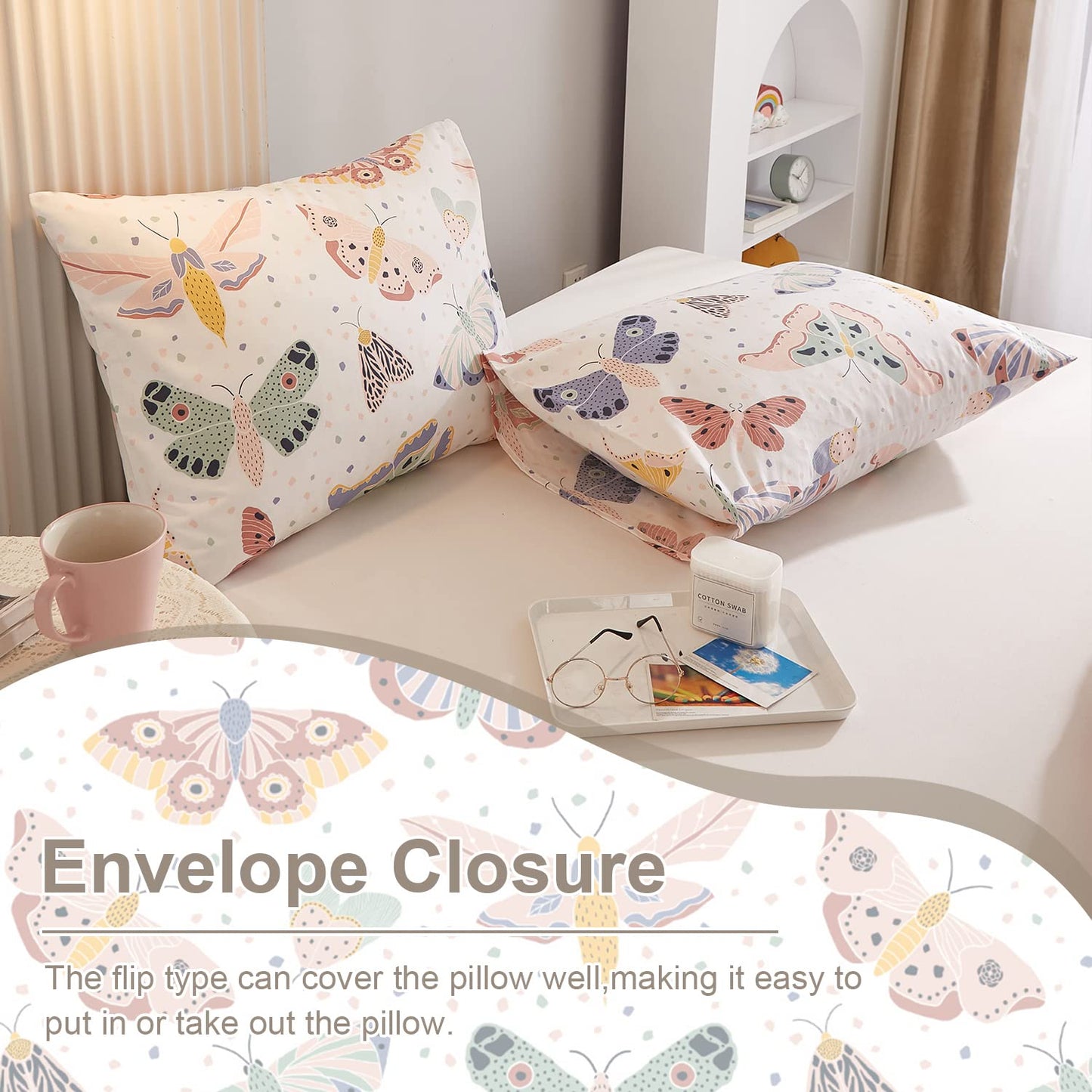 Ivellow Queen Duvet Cover Set 100% Cotton Butterfly White Duvet Cover for Kids Cute Bedding Set 3Pcs Ultra Soft Breathable Kids Duvet Cover Patterned Cartoon Comforter Cover Boys Girls Toddler Teen