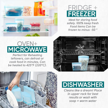 Reusable food container silicone bag, Upgrade second generation 6 Pcs Zip Containers Storage, 100% Silicone Reusable Food Bag, Stand Up Preservation Bag, Rounded interior for easy cleaning.