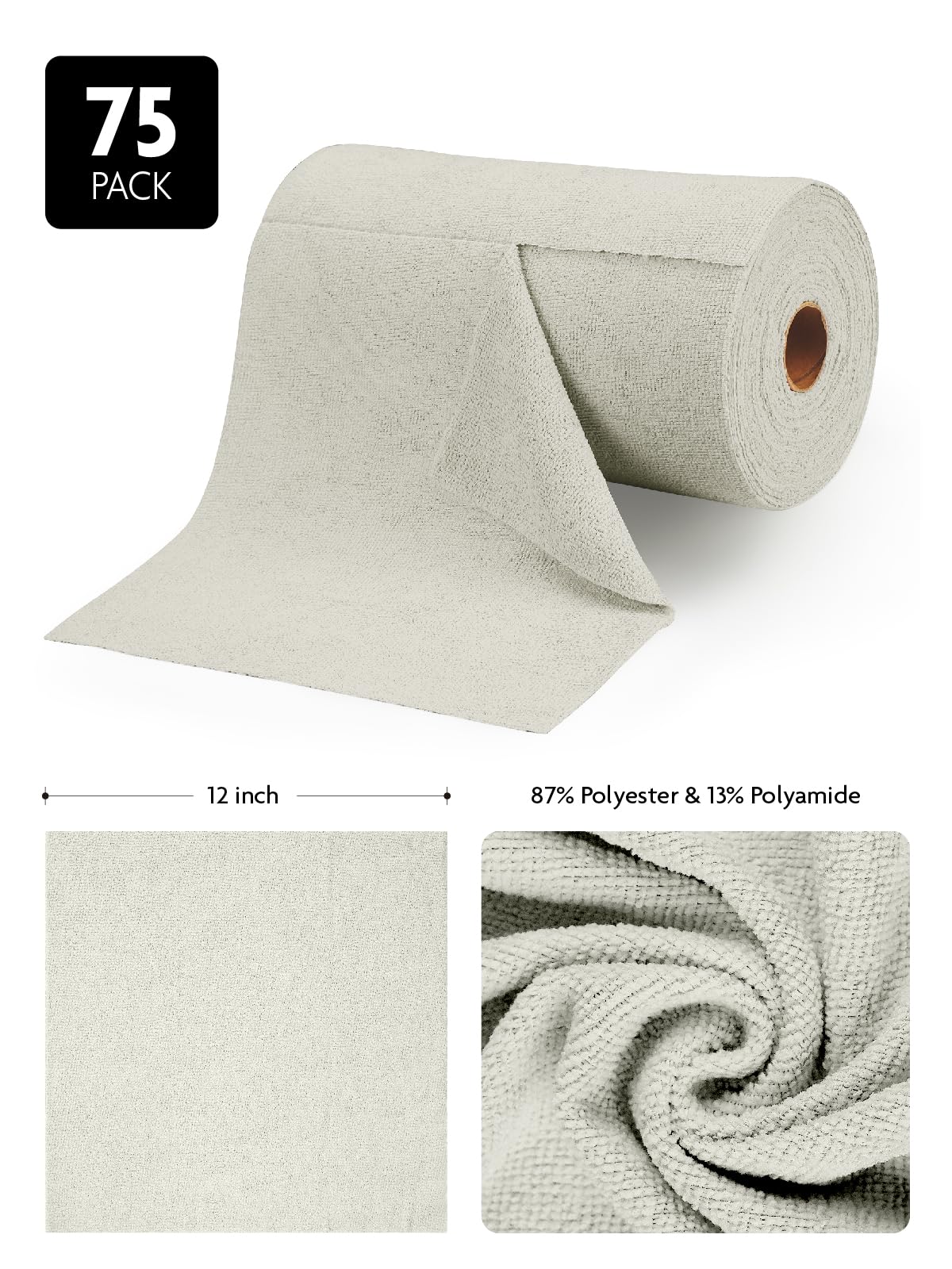 Fantasticlean Microfiber Cleaning Cloth Roll -150 Pack, Tear Away Microfiber Towels, 12" x 12", Reusable, Washable, Ultra Absorbent Dishcloth for Home Supplies, Car, Pet, Kitchen (2 Rolls of Grey)