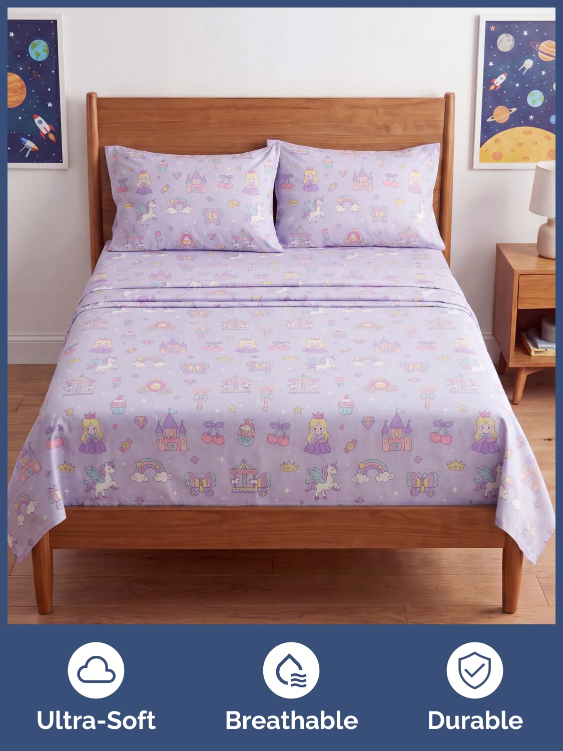 CGK Unlimited Kids Princess Dreamland Queen 4 Piece Sheet Set - Boys, Girls, Teens, Toddler - Easy Fit Deep Pockets - Soft, Cooling & Breathable Sheets - Cozy, Fade & Wrinkle Free - Machine Washable