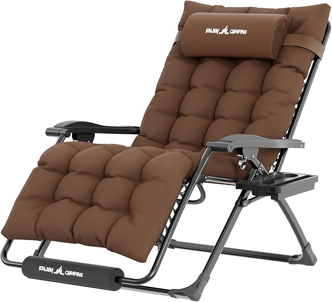 UDPATIO Oversized Zero Gravity Chair 29In XL Patio Reclining Chair with Cushion, Outdoor Folding Recliner with Pillows|Cup Holder|Foot Rest|Padded Headrest, Brown, Support 500LB