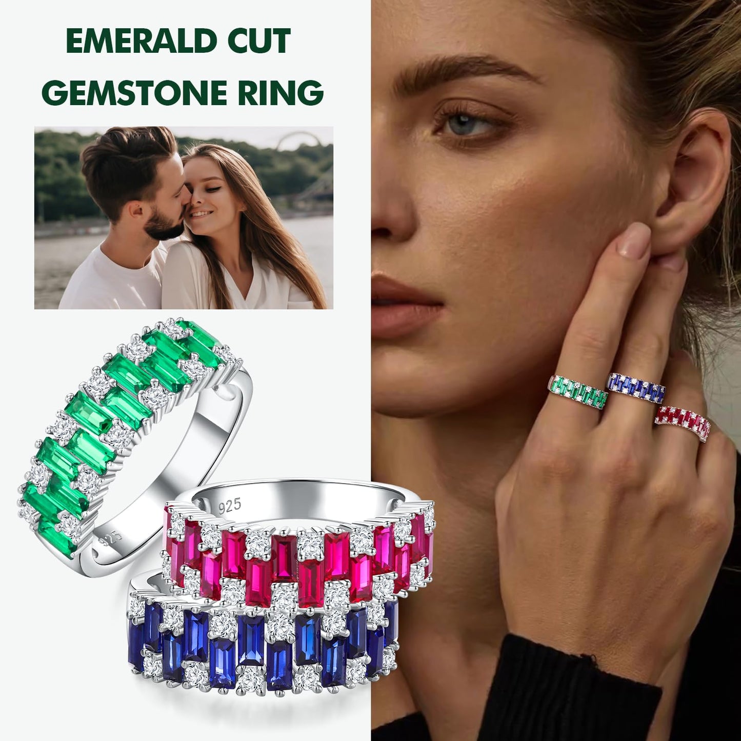 RANDES Sapphire Ring Half Eternity Wedding Bands for Women Men 925 Sterling Silver Blue Stone September Birthstone Ring Size 10