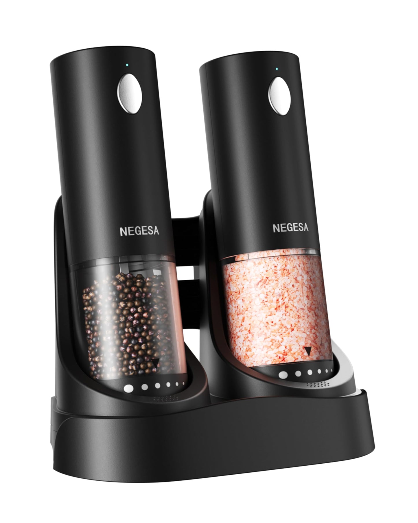Electric Salt and Pepper Grinder Set with Rechargeable Base - Automatic Refillable Electric Salt and Pepper Shakers with Large Capacity, LED Light & Adjustable Coarseness, Black