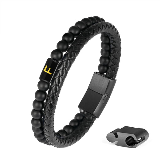 Leather Bracelets for Men with Initial - Men Gifts Matte Agate Bead Magnetic Clasp Gift for Dad Black Mens Leather Bracelets Men's Initial F Bracelet for Men's Jewelry Mens Gifts for Dad Husband