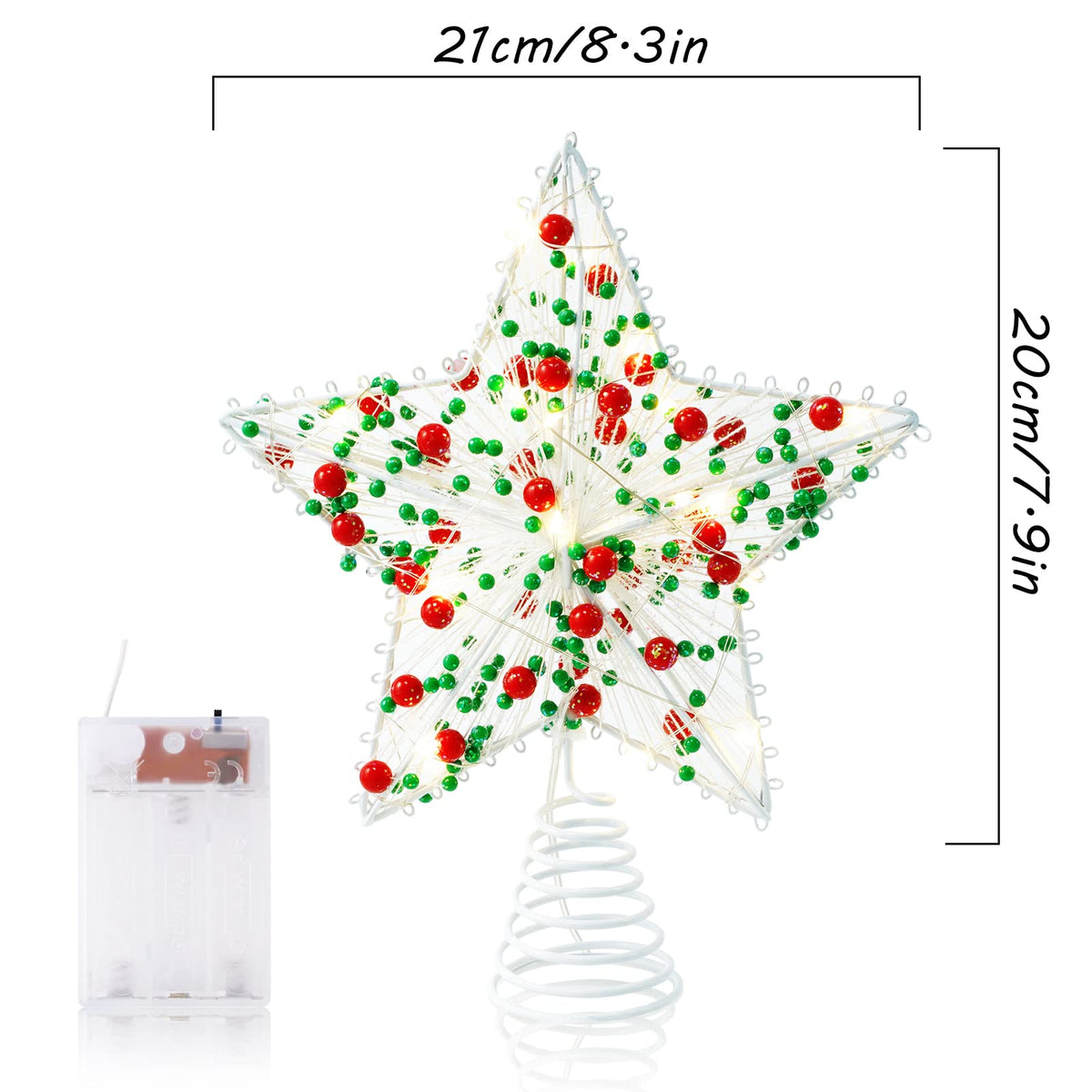 Whaline Christmas Star Tree Topper 8.3 Inch Red Green Berries Dotted 3D Star Treetop LED Lighted Battery Powered Unique Design Xmas Tree Ornament for Christmas Party Indoor Outdoor Home Decoration