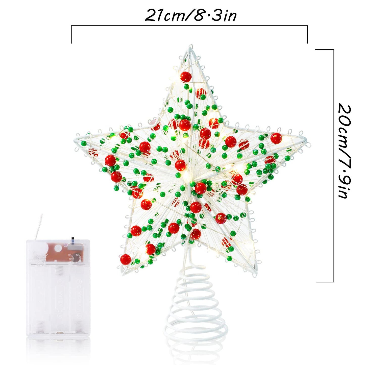 Whaline Christmas Star Tree Topper 8.3 Inch Red Green Berries Dotted 3D Star Treetop LED Lighted Battery Powered Unique Design Xmas Tree Ornament for Christmas Party Indoor Outdoor Home Decoration
