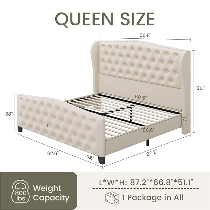 LARMACE Queen Size Bed Frame Velvet Upholstered Platform Bed