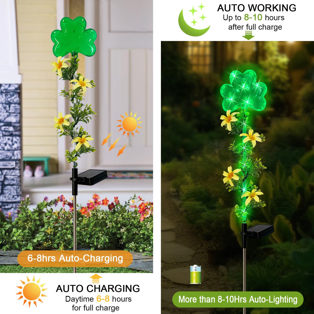 Hokfirm ST Patrick's Day Decorations Outdoor,2 Pack Shamrock Solar Lights Outdoor,Solar Powered Green Fairy Lights Holiday Decorations for Yard,Lawn,Garden Stkae