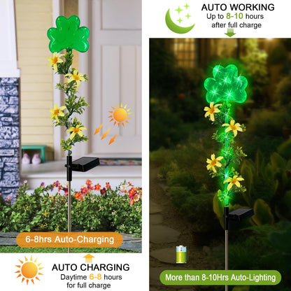 Hokfirm ST Patrick's Day Decorations Outdoor,2 Pack Shamrock Solar Lights Outdoor,Solar Powered Green Fairy Lights Holiday Decorations for Yard,Lawn,Garden Stkae