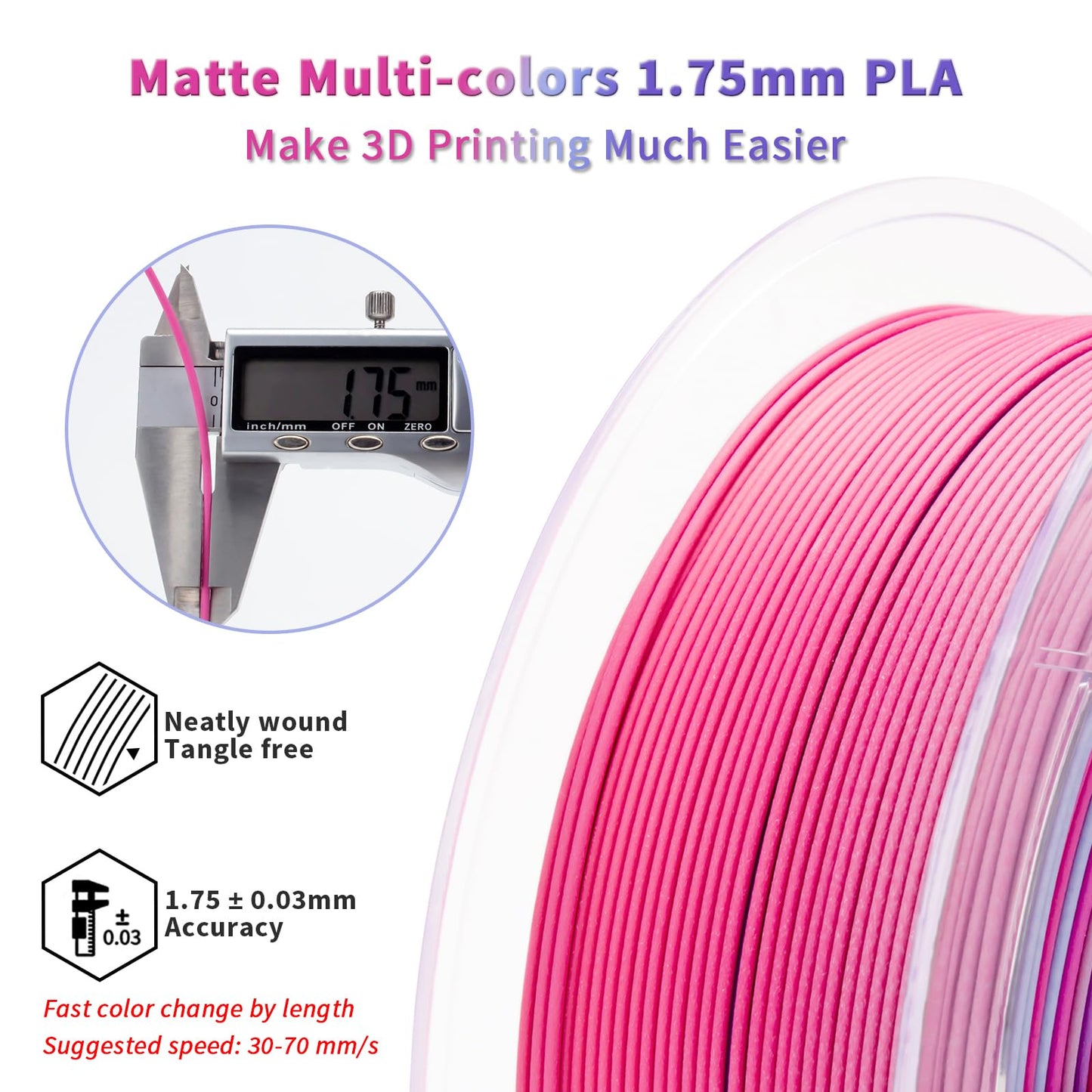 ZIRO Matte Gradient PLA Filament 1.75mm, Matte Multicolor 3D Printer Filament, Fit Most FDM 3D Printers, Dimensional Accuracy +/-0.03mm, 1KG Spool, Dreamy Dusk