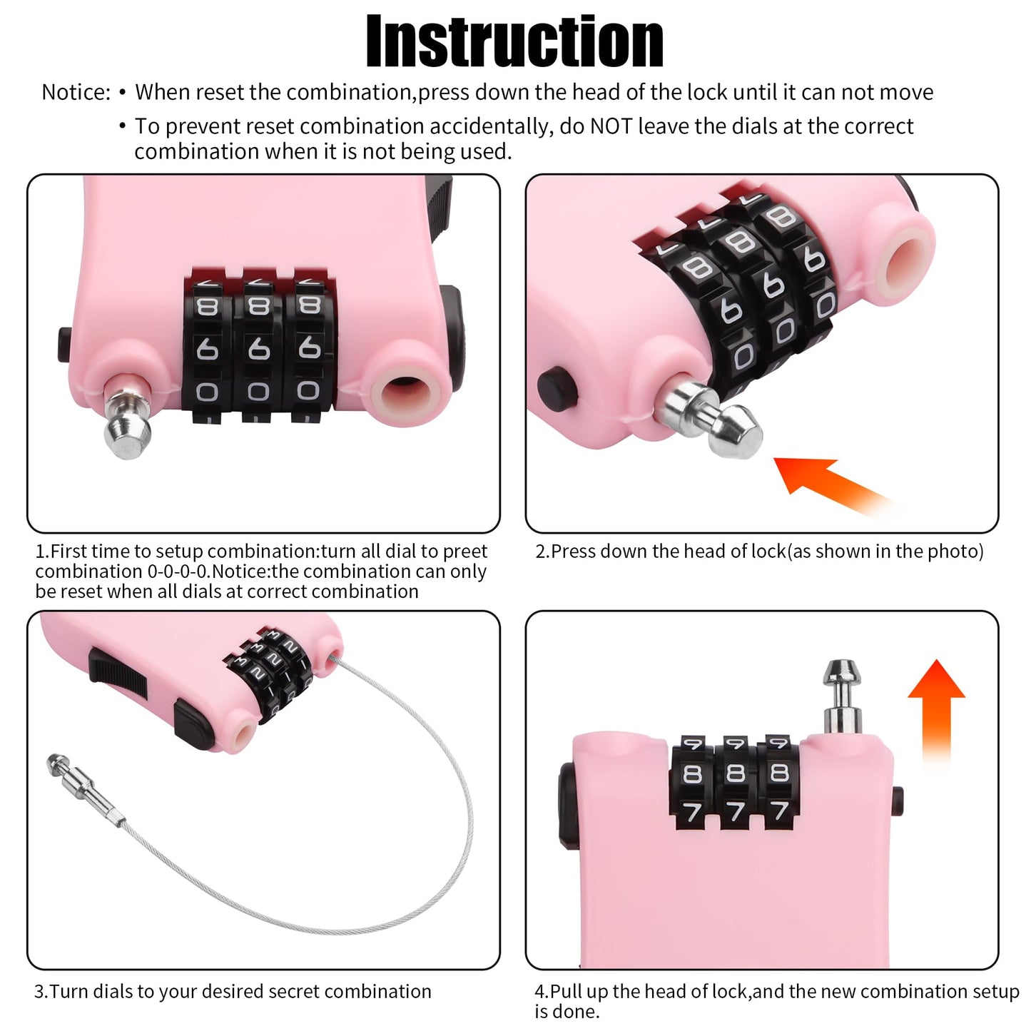 YAODHAOD Combination Cable Lock, Retractable Steel Cable Luggage Lock with 39inch Retractable Steel Cable 3 Digit Combination Lock Travel Bike Helmet Snowboard Lock（Pink）