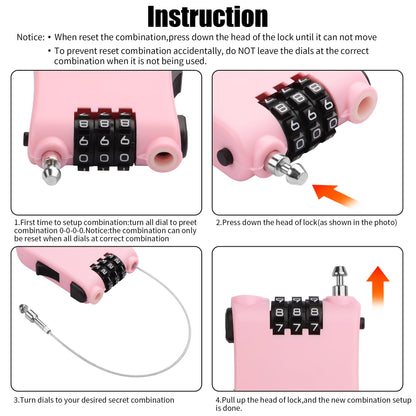 YAODHAOD Combination Cable Lock, Retractable Steel Cable Luggage Lock with 39inch Retractable Steel Cable 3 Digit Combination Lock Travel Bike Helmet Snowboard Lock（Pink）
