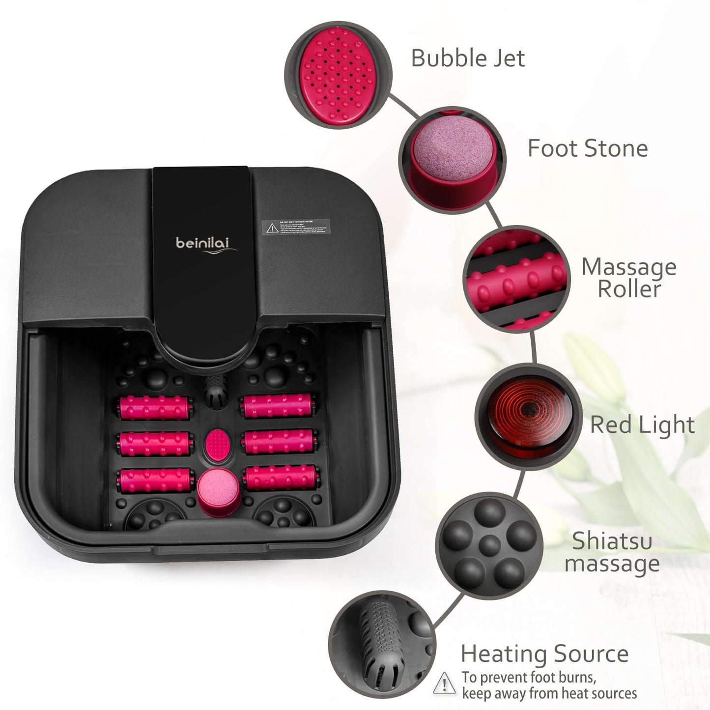 Beinilai Collapsible Foot Spa,Foot Bath with Heat and Massage and Bubble Jets,Foot Soak Tub with Six Non Motorized Rollers,Acupressure Massage Points,Red Light and Removable Pumice Stone
