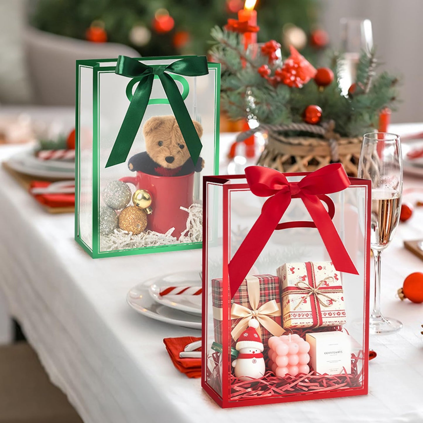 Ohuimrt Christmas Clear Plastic Gift Bags, 12 Pack, 10", Red Green Gold
