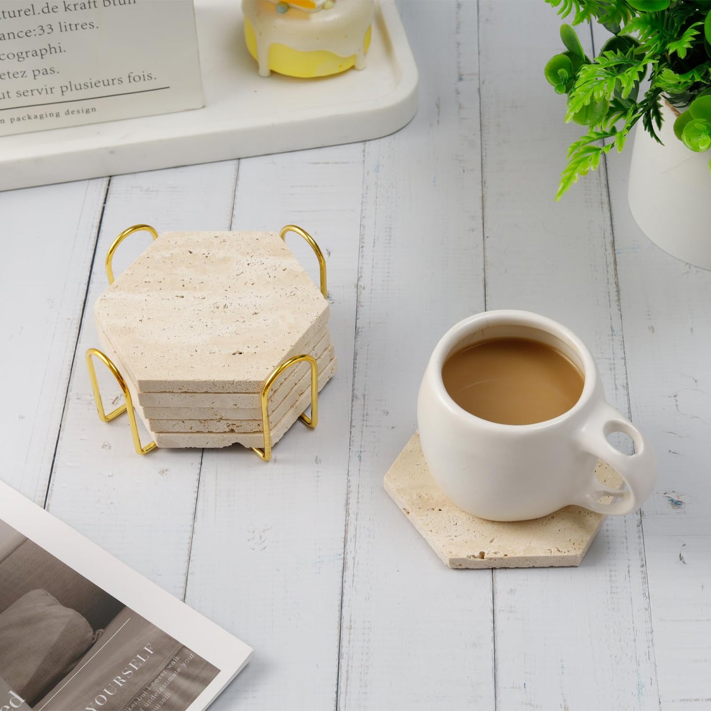 YONGHEE Travertine Coasters Set of 6 with Holder, Hexagonal Rustic Farmhouse Beige Marble Drink Coasters for Coffee Table Decor, Porous Stone Absorbent Coaster for Drinks, Velvet Backed