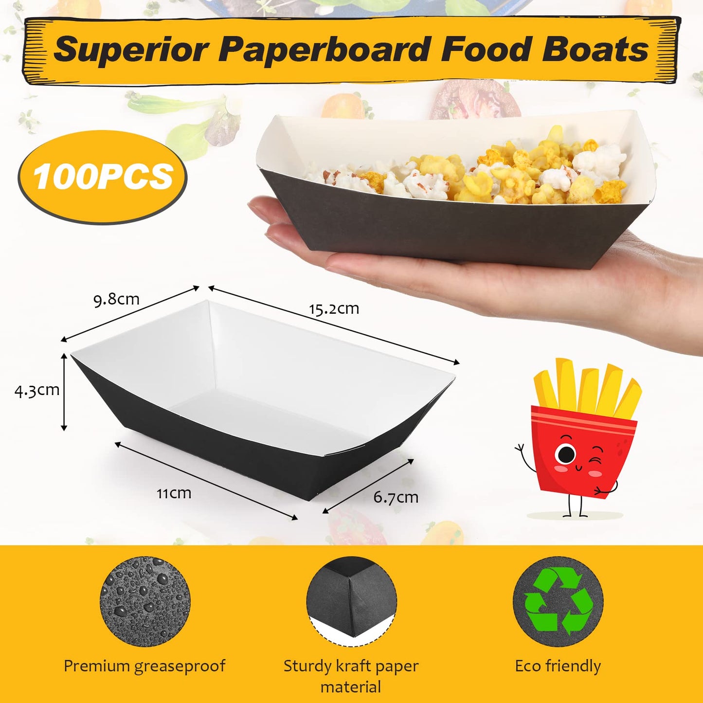 Yinkin 100 Pcs 2lb Paper Food Trays Boat 2lb Disposable Nacho Trays Kraft Paper Boat for Tacos Concession Easter Graduation Birthday Wedding Christmas Halloween Valentine Party Supplies(Black)