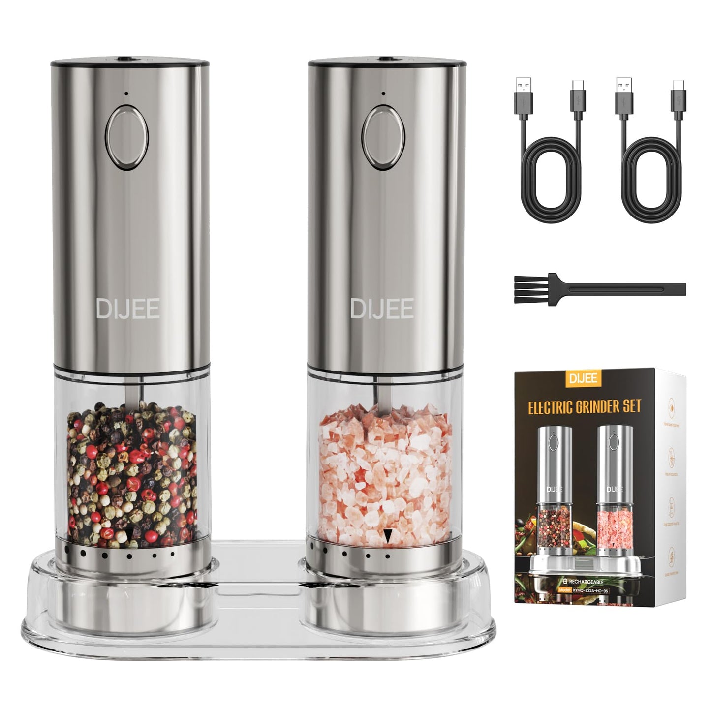 Electric Salt and Pepper Grinder Set,USB Rechargeable Pepper Mill with 6 Coarseness Settings, Automatic One-Touch Operation, Large Capacity Stainless Steel Spice Mills for Kitchen (2 Pack, Silver)