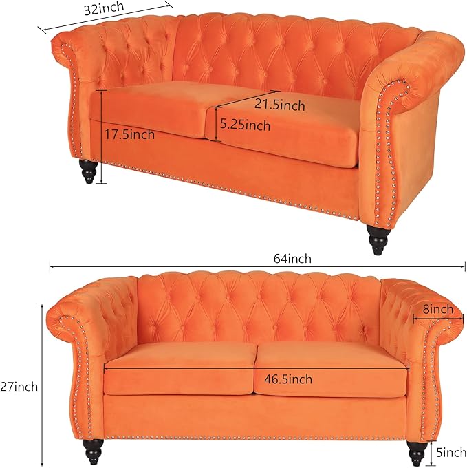 ORRD 2 Piece Living Room Set, Velvet Chesterfield Sofa Loveseat Couch