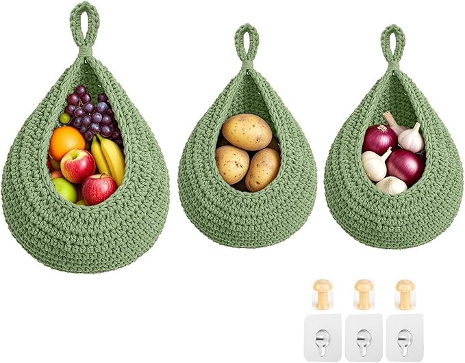 Halidali Hanging Fruit Baskets for Kitchen, 3 Pack Boho Cotton Rope Handwoven