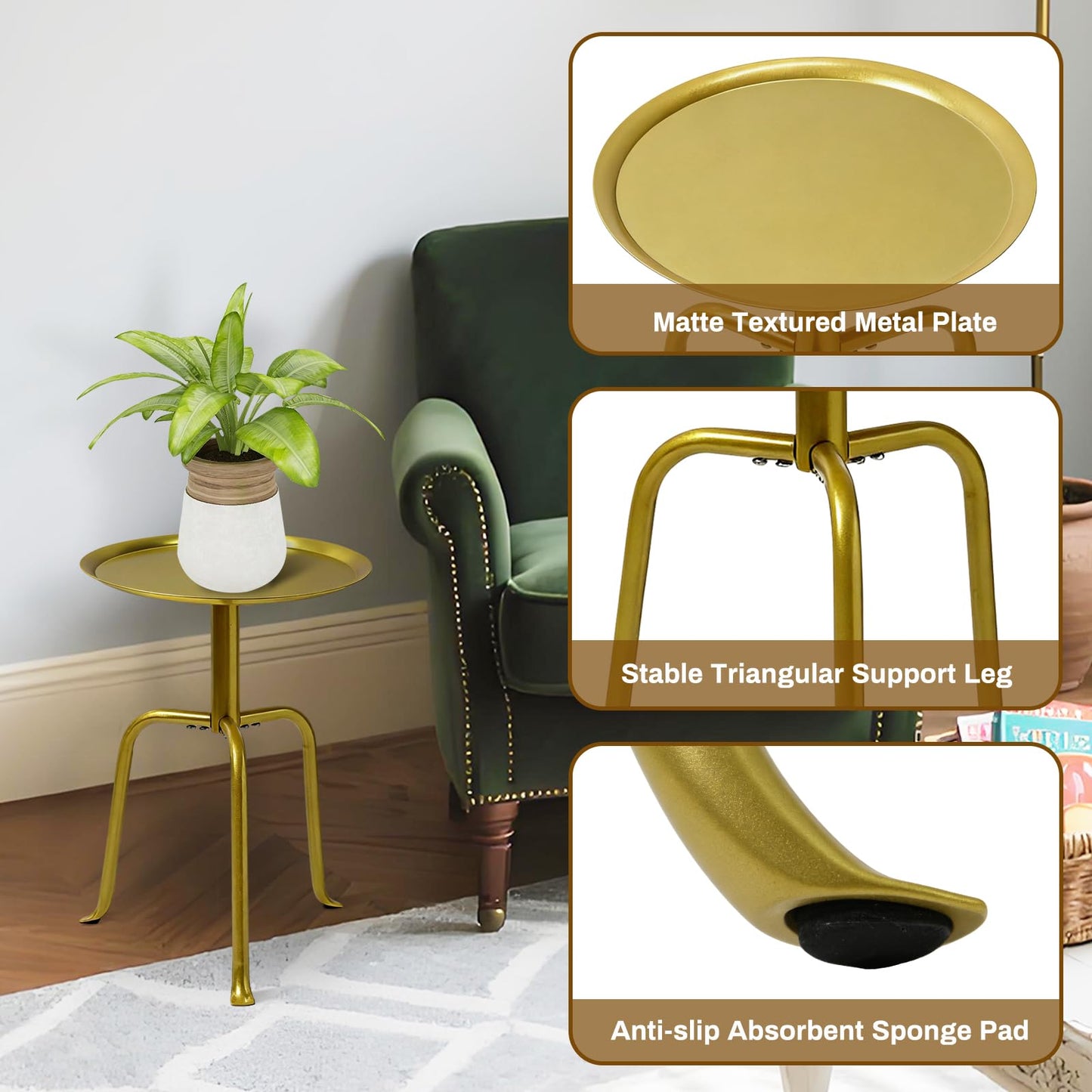 Uniqcovosa Plant Stand Indoor Outdoor, 11'' Round Gold Corner Single Plant Table, 3-Leg Small Metal Plant Holders Flower Pot Stand, Modern Corner Round Small Side End Table with Raised Design