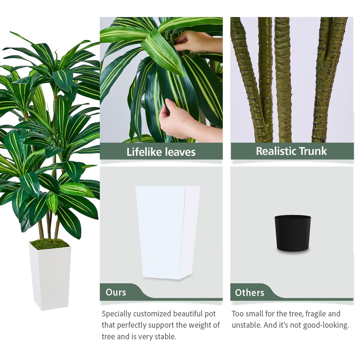 SJSCYD Dracaena Artificial Plants Indoor, 5FT Tall Faux Tree with White Tall Planter, Fake Yucca Tree Floor Plant, Artificial Trees for Home Office Living Room Garden Decor Outdoor, Housewarming Gift