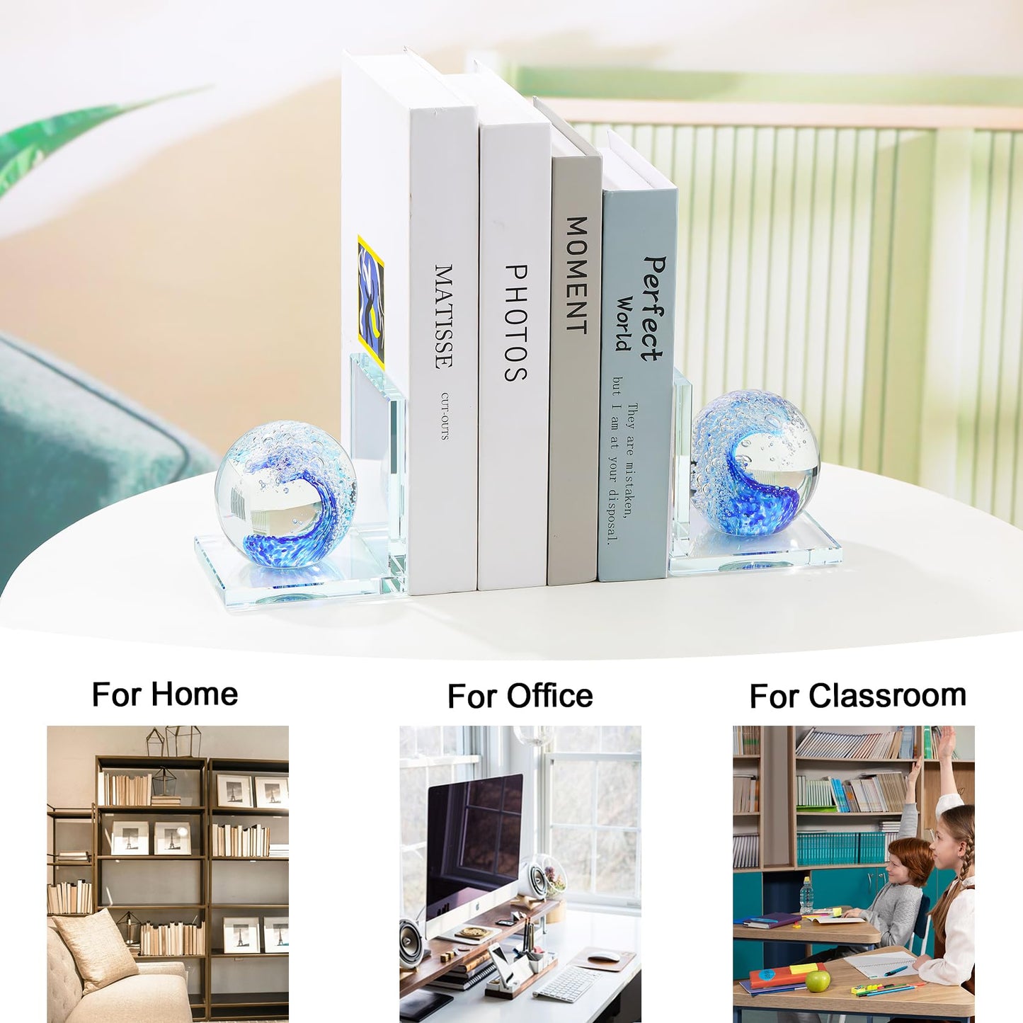 Arikyrist 1 Pair Crystal Bookends for Heavy Books with Hand Blown Ocean Waves Ball Glass Decorative Non Skid Bookends for Bookshelf Office Home (Blue)