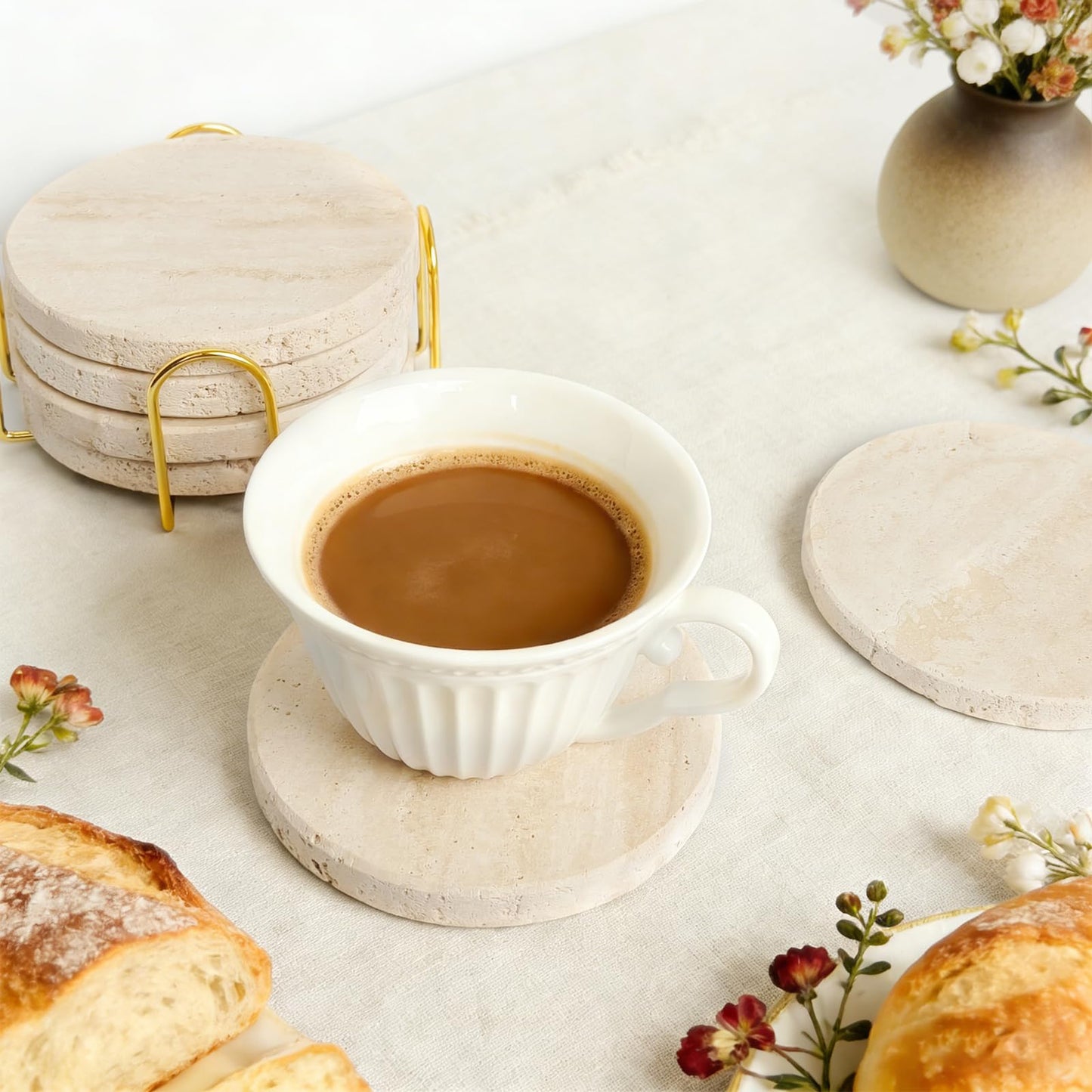 Dhfsleo Natural Travertine Marble Coasters Set of 6, Round 4 inch Stone Drink Coasters, Non-Slip Cork Backing, Festival Gifts, Wedding, Protect Tables from Stains & Scratches.