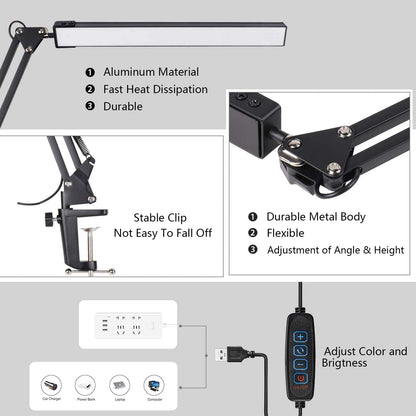 SKYLEO LED Desk Lamp with Clamp - LED Desk Light for Office - 3 Color Modes X 10 Brightness Levels - 1100LM - Memory Function - 12W Study Lamp - Black