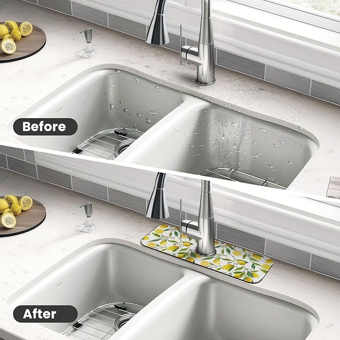 Yellow Lemon Teal Kitchen Sink Splash Guard Faucet Mat 1 Pcs, Absorbent Fast