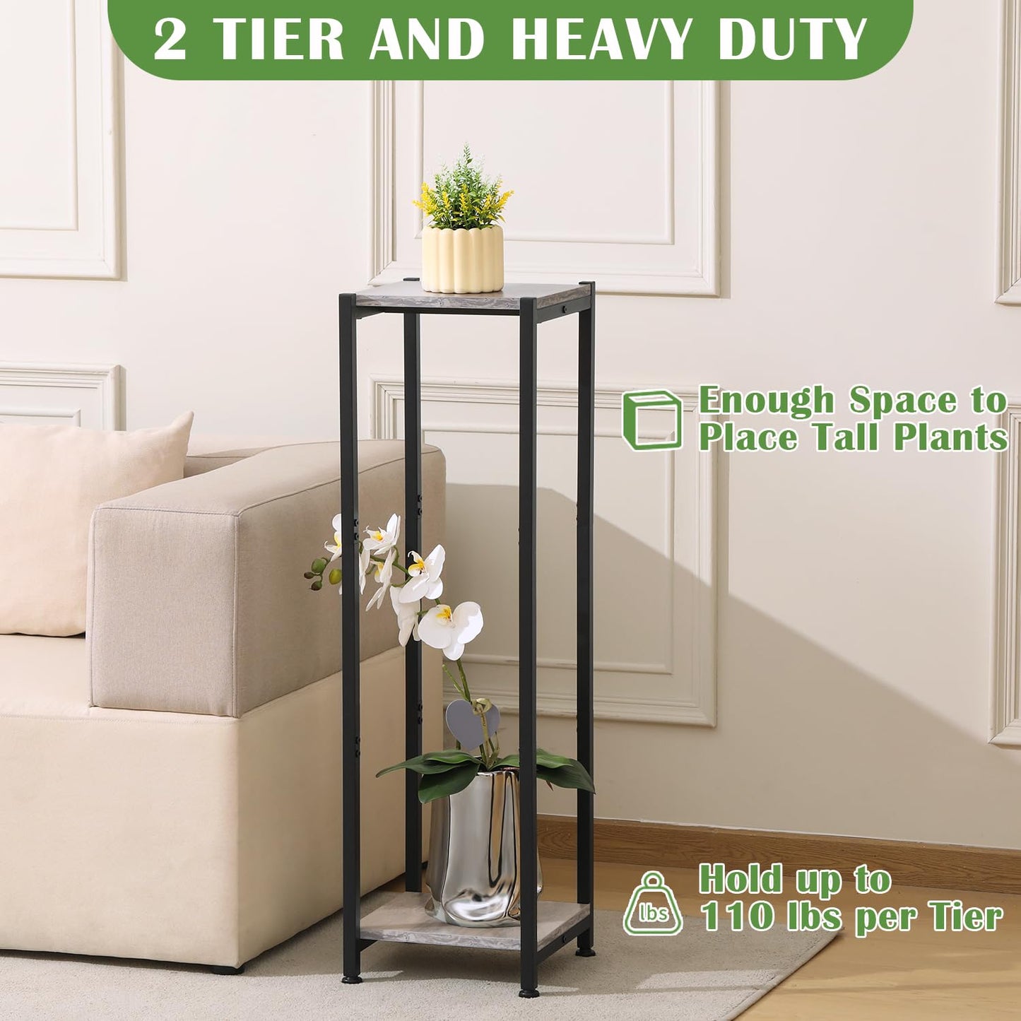 Dipion Extra Tall Plant Stand Indoor,40 Inch Plant Stands,2 Tier Metal Plant Stand with Heavy Duty Wood,Greige and Black