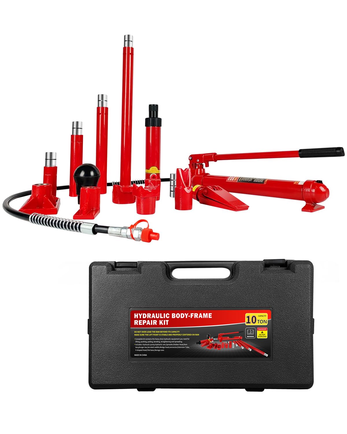 10 Ton Porta Power Hydraulic Jack Kit - 20,000 LBS Capacity Heavy Duty Hydraulic Ram Set with 17-Piece Accessories & Carrying Case, for Auto Truck Tractor Equipment Repair, Max Lift 5.1 Inch