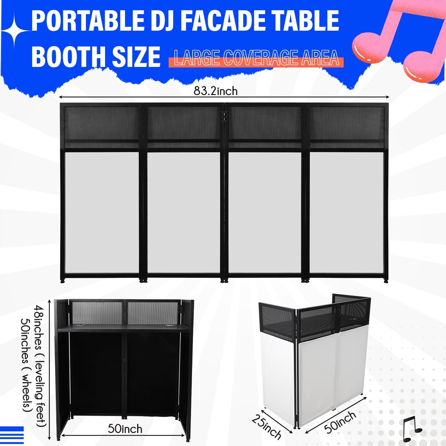 Portable DJ Facade Booth, Foldable DJ Table Station With White & Black Lighting Scrim,50"L x48" Hx 25"W DJ Stand Booth,With Adjustable DJ Event Facade Feet for Party, Black Metal Frame (52x 43.2 x 26)