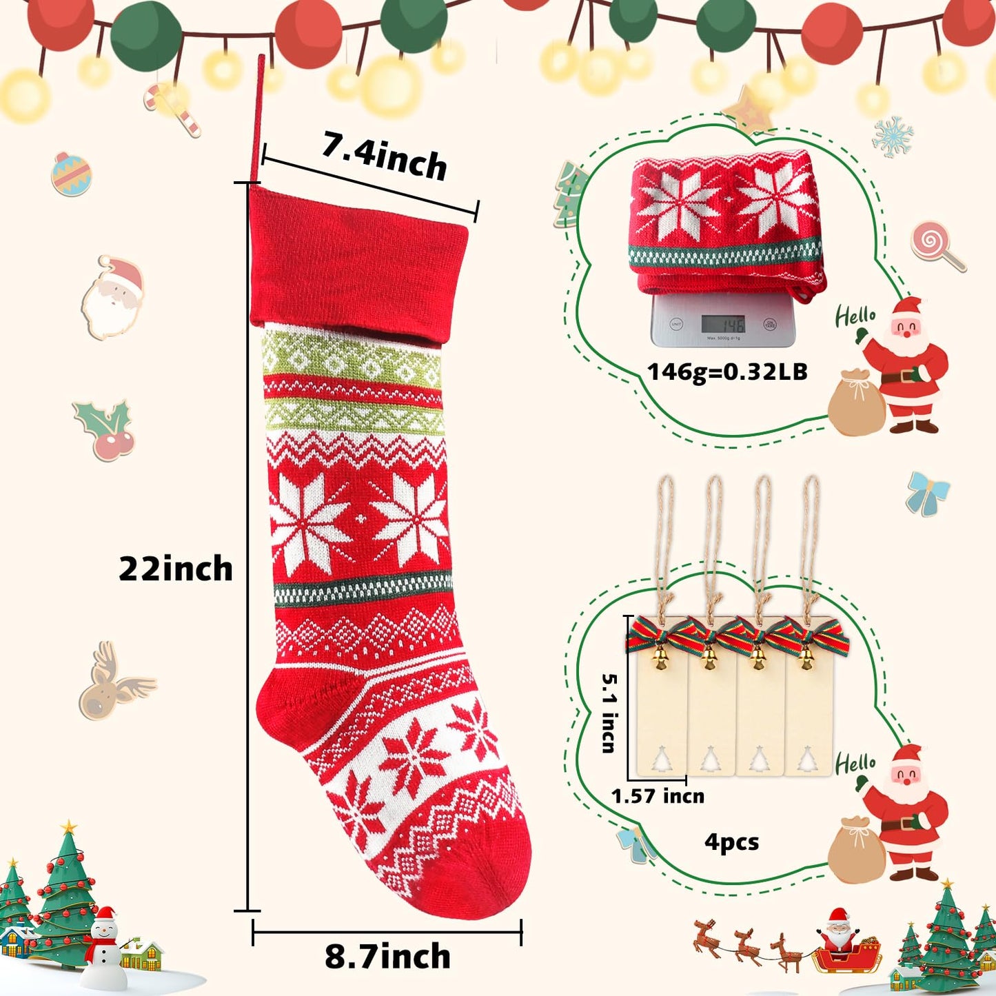 Brainfella Knit Christmas Stockings,4 Pack 22 Inches Snowflake Reindeer Snowman Personalized Cable Knit Stockings for Christmas Candy Gifts Decor