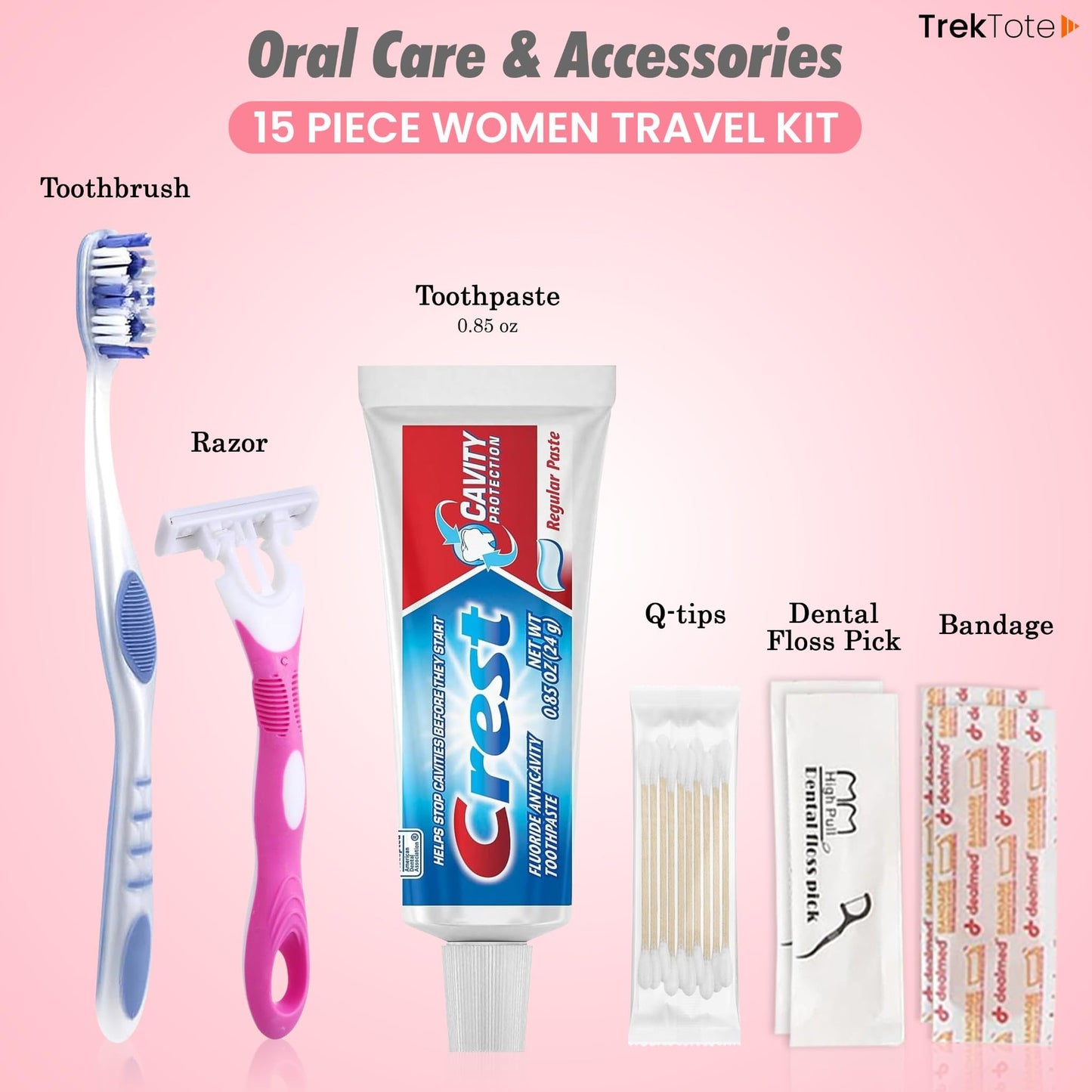 Trektote Travel Toiletry Kit For Women – 15 Piece Set of Travel Size Toiletries, TSA Compliant, Travel Essentials, Includes Shampoo And Conditioner, Body Wash, Toiletry Bag & More